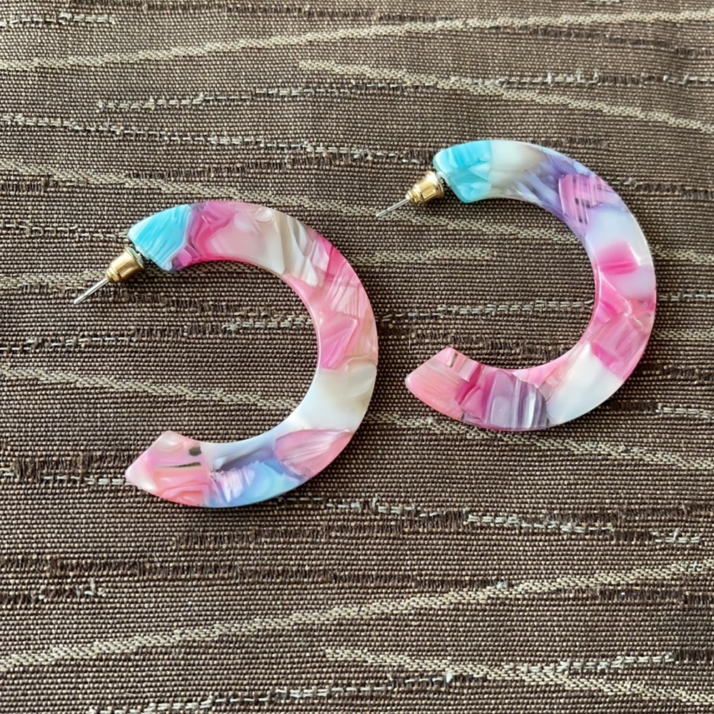 Pink/White/Aqua/Purple Watercolor Epoxy Earrings - Picture 3 of 7